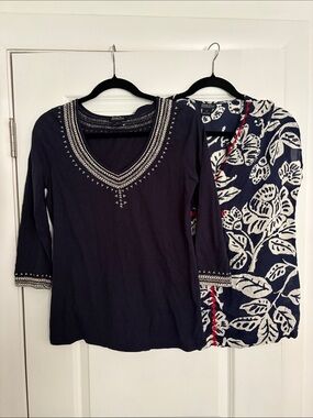 Two Lucky Brand Tunics- Navy & White with embroidery